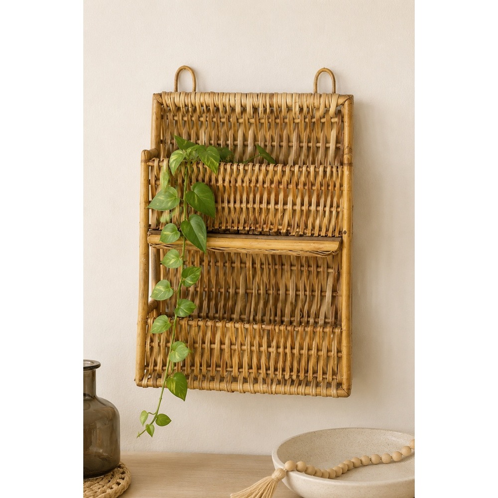 Natural Woven Rattan Wall Hanging Basket Double Pocket Mail Organizer Wicker 70s